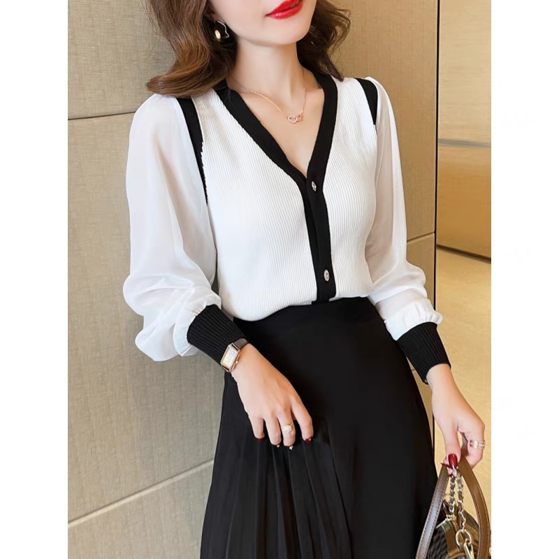 Chiffon knitted splicing thin sweater 2024 early spring new style V-neck temperament top versatile long-sleeved cardigan for women