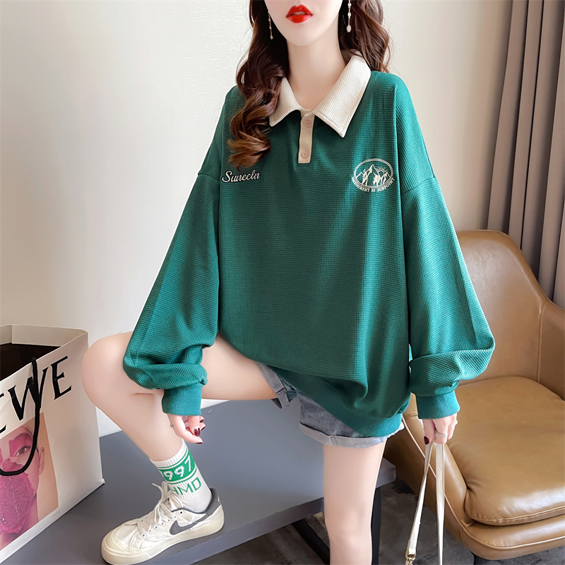 實拍 2024春季新款韓版寬鬆後包領華夫格POLO領印花薄款衛衣女