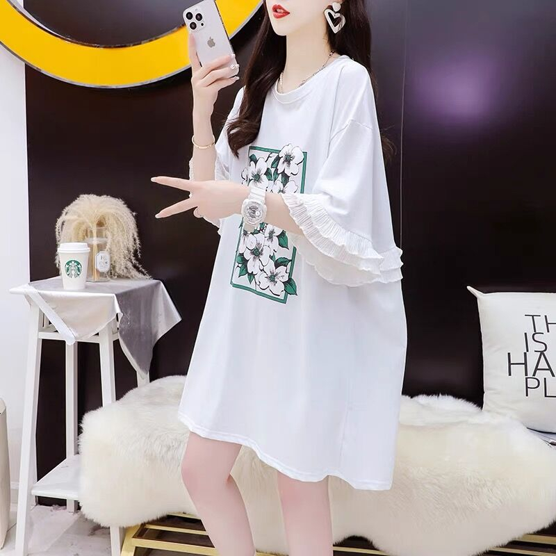Pure cotton/back collar/mid-length lace splicing design loose short-sleeved T-shirt