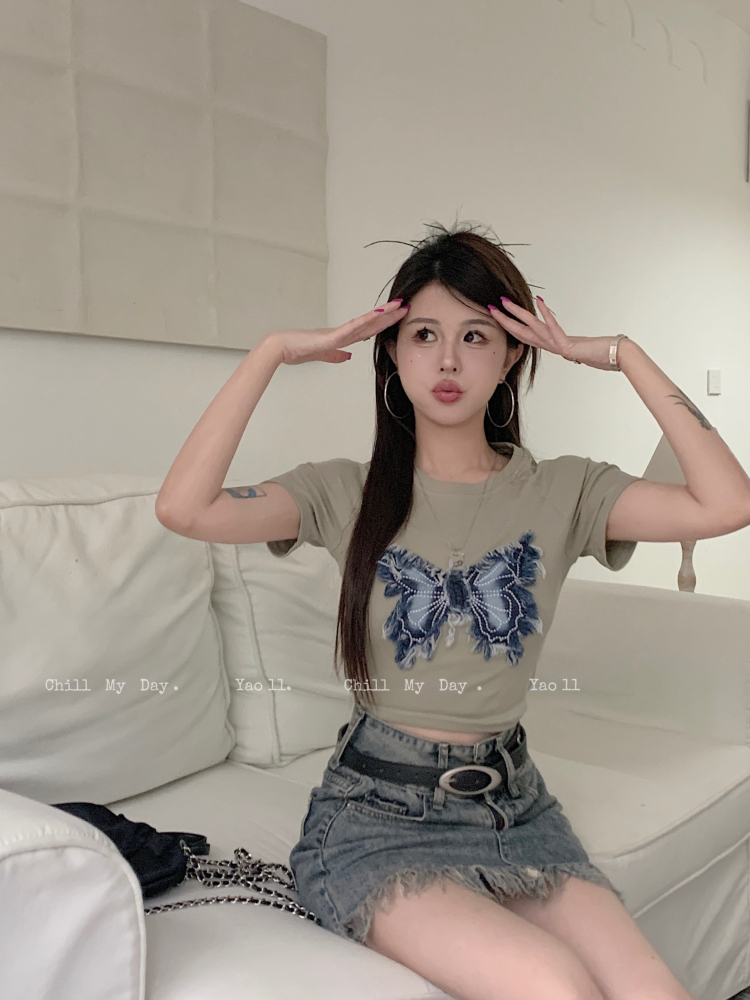 實拍 獵手寶藏蝴蝶牛仔貼布正肩T恤女短袖辣妹上衣