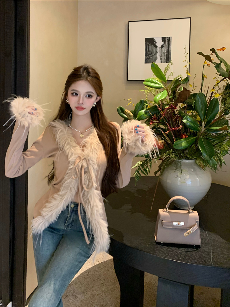 實拍~毛毛邊V領針織開衫秋冬純欲辣妹性感小上衣打底內搭外套
