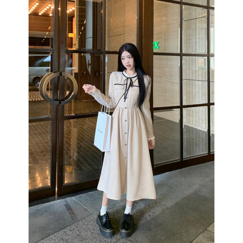 Xiaoxiangfeng dress women's spring and autumn new style ladylike waist slimming mid-length lace-up long-sleeved skirt
