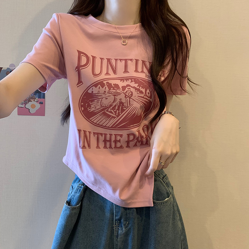 實拍 1*1螺紋夏裝韓版修身圓領卡通印花不規則短袖T恤女