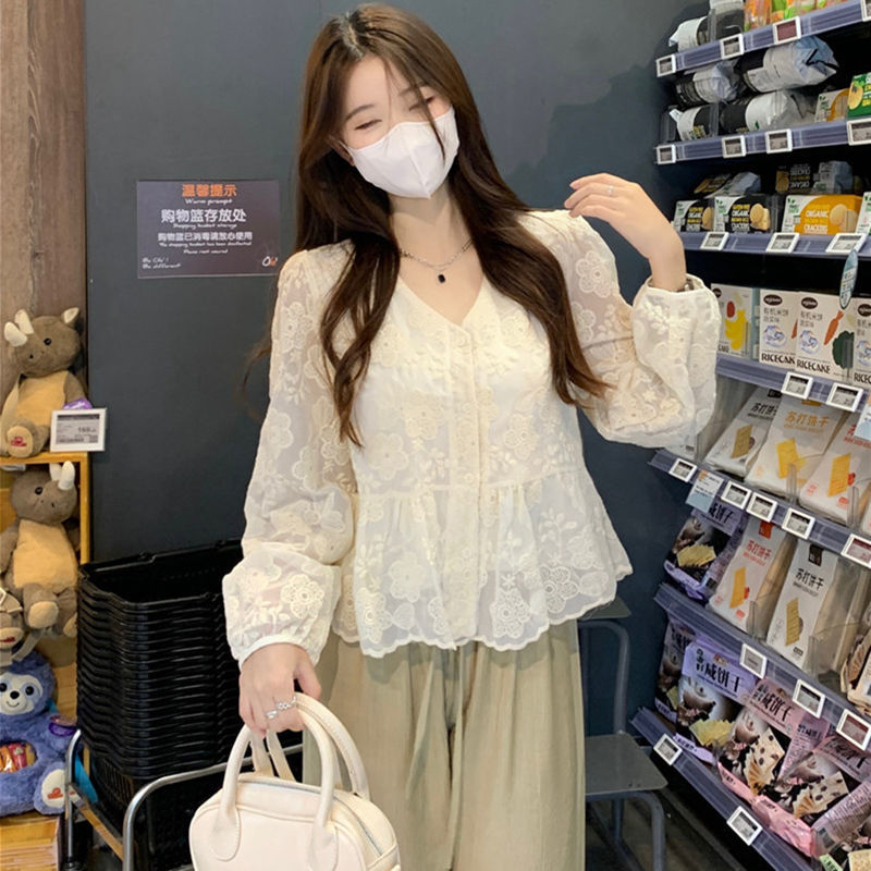 韓系甜美超仙V領蕾絲襯衫女長袖早秋設計感小眾法式別致小衫上衣