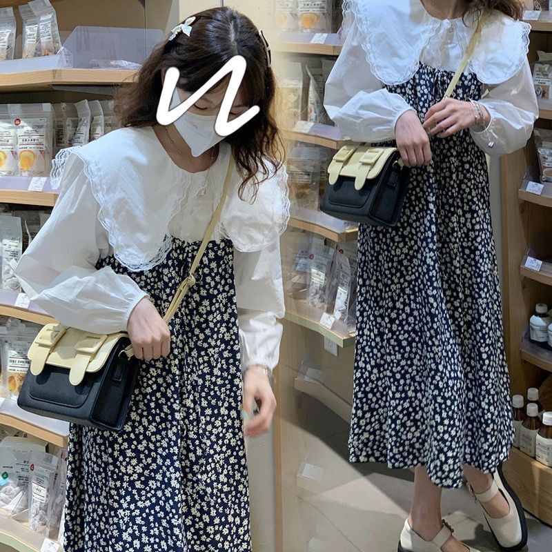 2024春裝大碼女裝蕾絲花邊娃娃領襯衫小碎花吊帶連衣裙M-4XL200斤