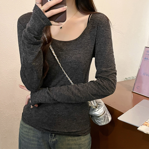 Actual shot of early spring gray Korean style pure lust style U-neck bottoming shirt T-shirt for women with a sense of design and a long-sleeved top