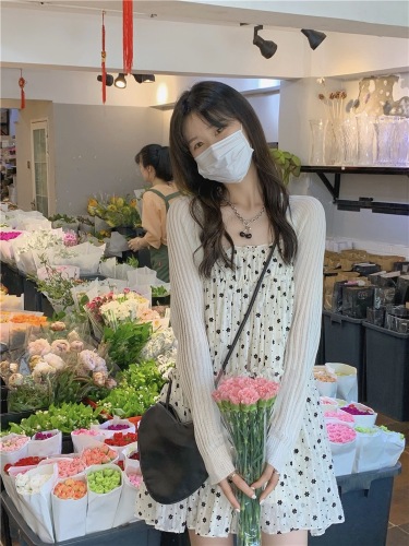 Baishui one shoulder girl sleeveless babydoll dress small floral suspender dress for women