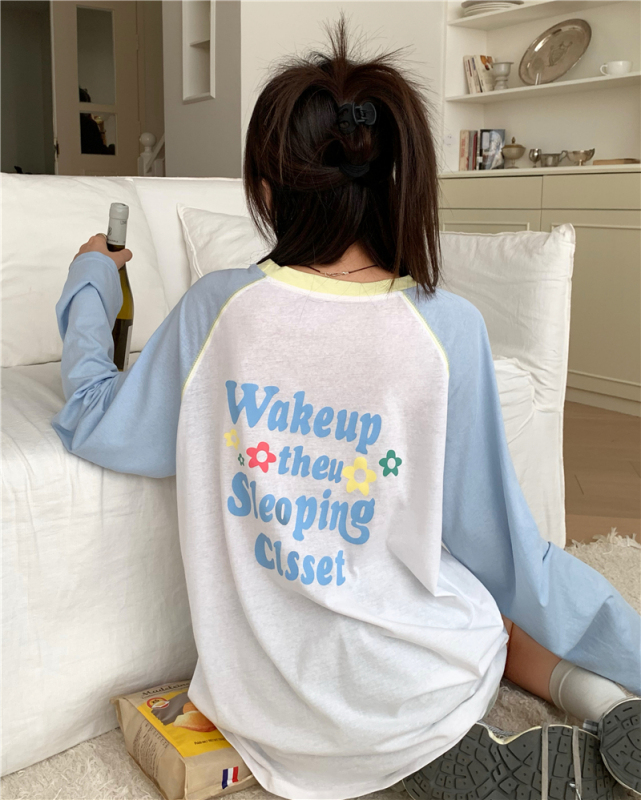 Actual shot Korean style fashionable loose and versatile thin pullover top with contrasting lettering T-shirt sun protection clothing