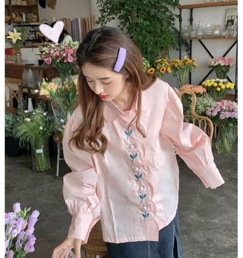 娃娃領粉色防曬襯衫女春秋款小眾高級感寬鬆休閒襯衣法式溫柔上衣