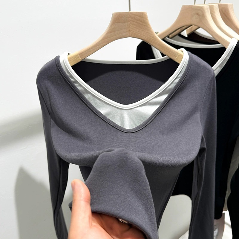 Fake two-piece bottoming shirt for women 2024 spring and autumn new inner long-sleeved T-shirt high-end slim solid color V-neck top