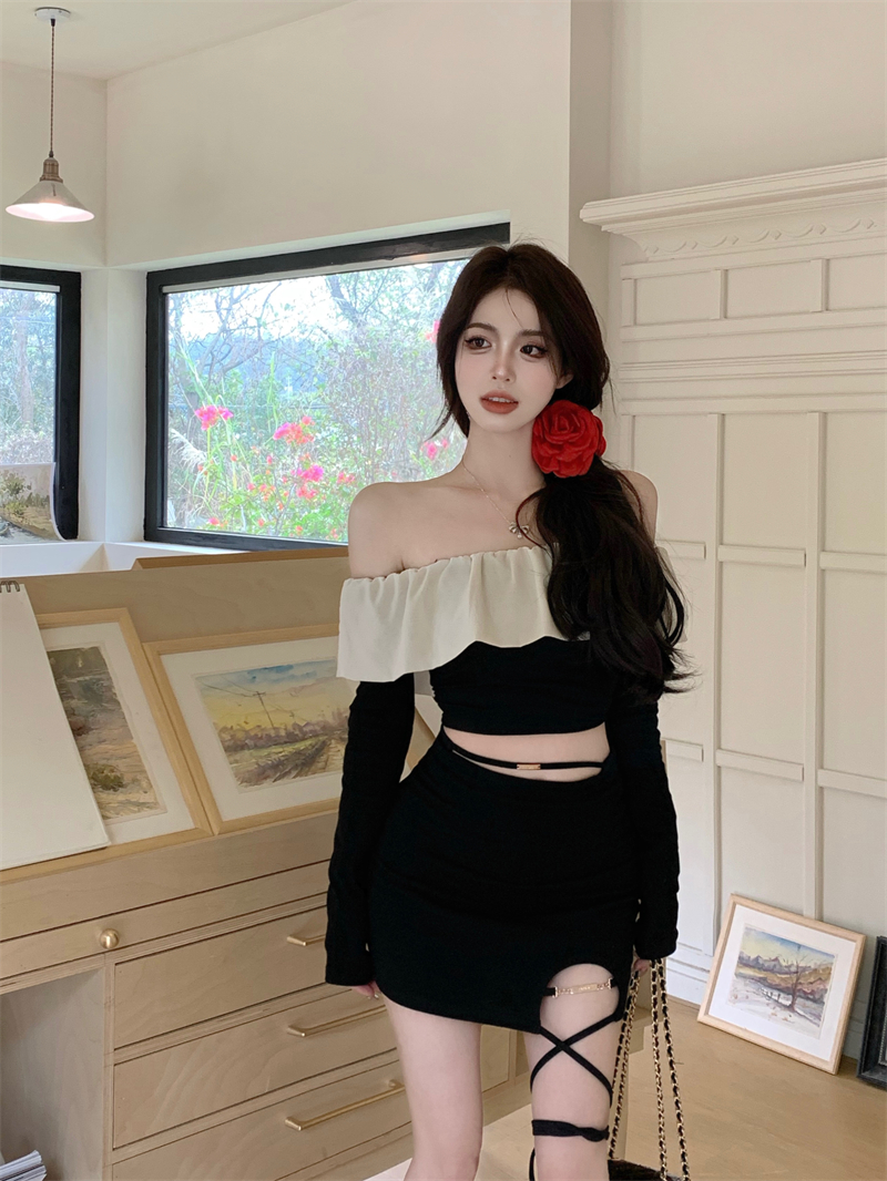 Real shot of ruffled one-shoulder short top with strap design and high waist bag hip skirt hot girl suit for women