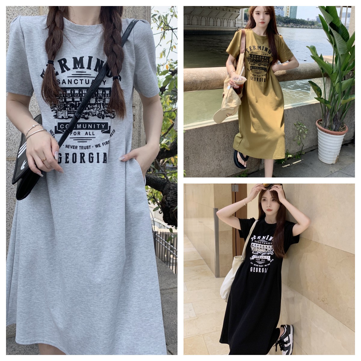 8015 real shot ~ Large size American retro sports dress for women who are fat in summer, slimming and covering the flesh, mid-length T-shirt dress