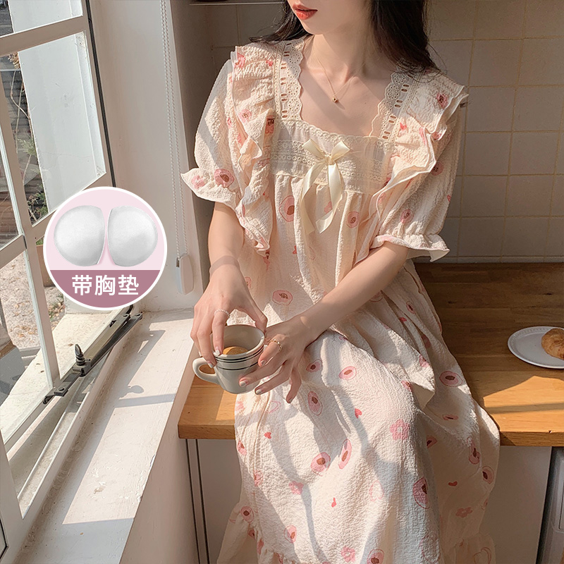 尚優衣品睡衣女夏季泡泡縐蕾絲花邊甜美休閒甜系ins風睡裙