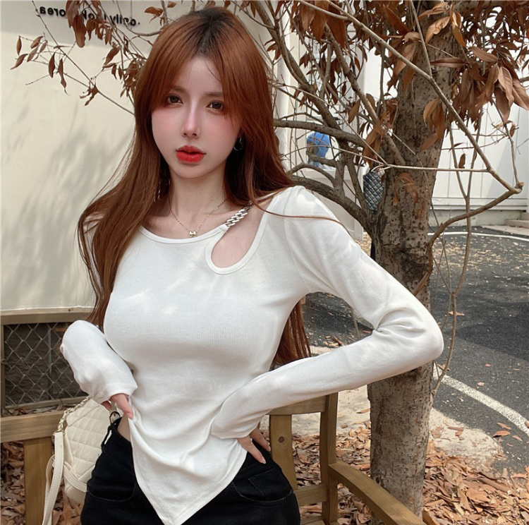 2024 Spring and Autumn New Simple Casual Solid Color T-shirt Hot Girl Women's Long Sleeve Hollow Bottoming Trendy Versatile Top