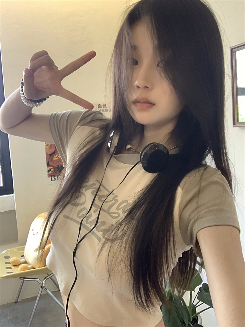 實拍  美式拼色短款短袖T恤