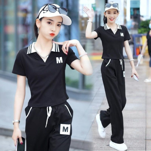 Internet celebrity street sports suit women's new summer fashionable casual wear loose slimming wide-leg pants two-piece set
