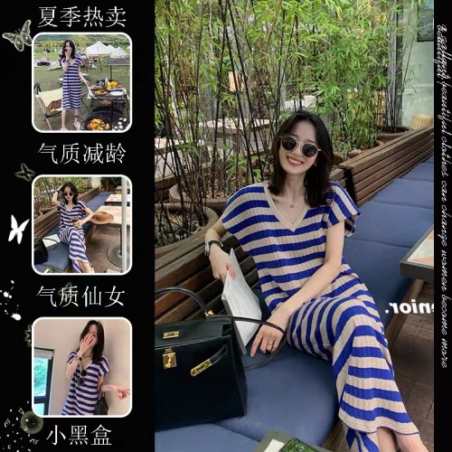 2024 Lazy Style Summer Wear Bat Sleeve Striped V-Neck Dress Mid-Length Loose Straight Over the Knee T-Shirt Long Dress