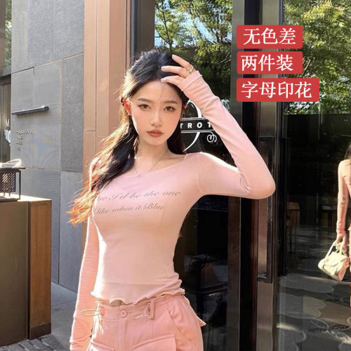 Two-piece suit - American retro printed long-sleeved T-shirt for women in autumn 2024 new one-shoulder sun protection shirt top