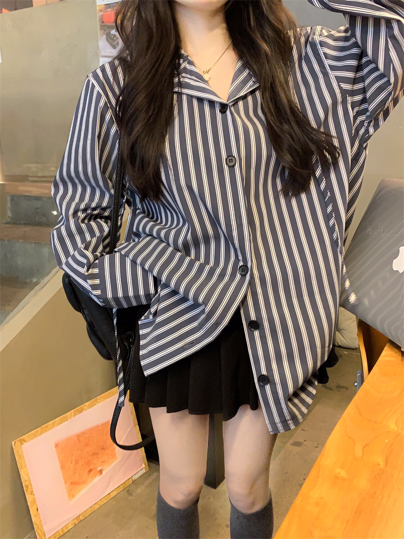 實拍~條紋連帽襯衫女復古慵懶寬鬆休閒上衣