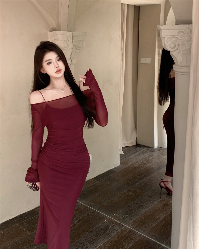 Real shot of retro royal sister's sexy slim fit mesh blouse + suspender skirt two-piece long dress for women