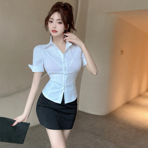 Real shot of summer sexy pure desire professional fitting short-sleeved white shirt women's collar hip skirt work clothes suit