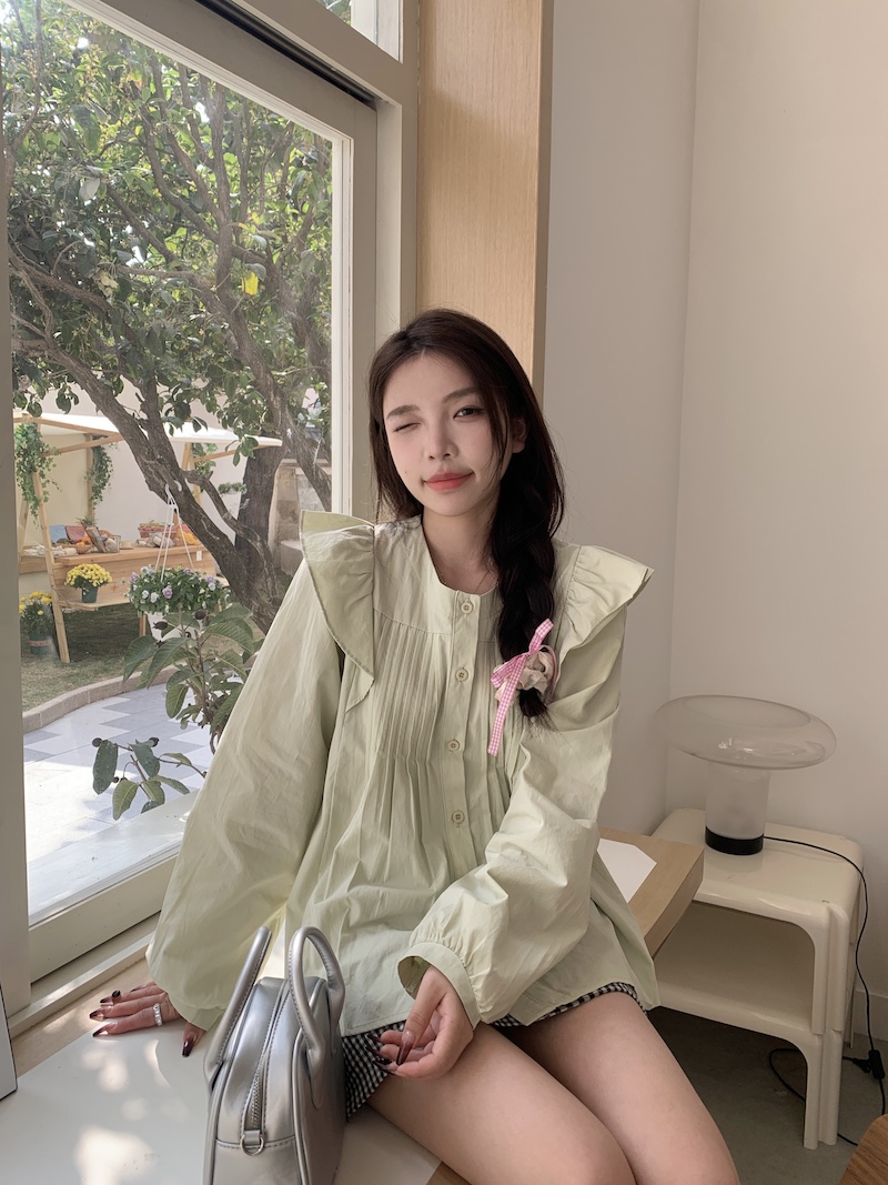 實拍~~法式氣質通勤襯衣寬鬆上衣女設計感褶皺甜美小衫