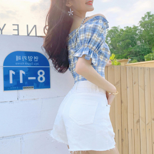 lisa风泡泡袖韩版女装露肩一字领短款衬衣蓝色格子上衣短袖衬衫