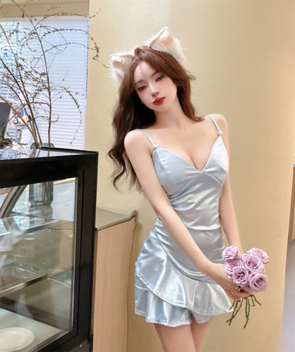 Real shot of niche design sexy suspender pleated slimming ruffled hip-hugging dress