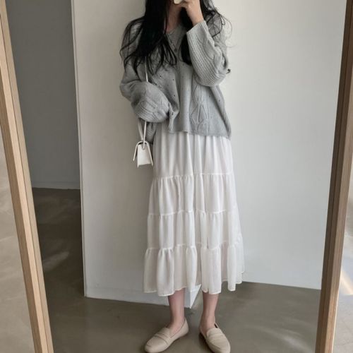 韩国chic高腰显瘦百搭拼接蛋糕裙复古雪纺半身裙