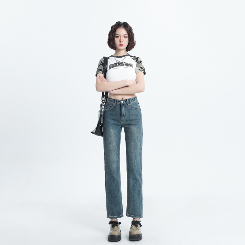 實拍~2024春夏季韓版月光藍柔軟面料潮流貼牌高腰直筒牛仔褲女ins