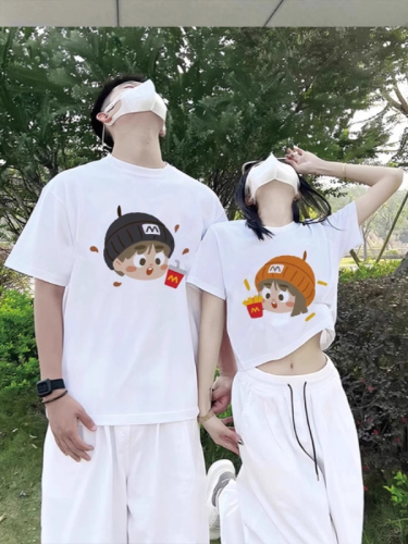 Special couple summer clothes 2024 new style one long and one short summer t-shirt different internet celebrity high-end suit