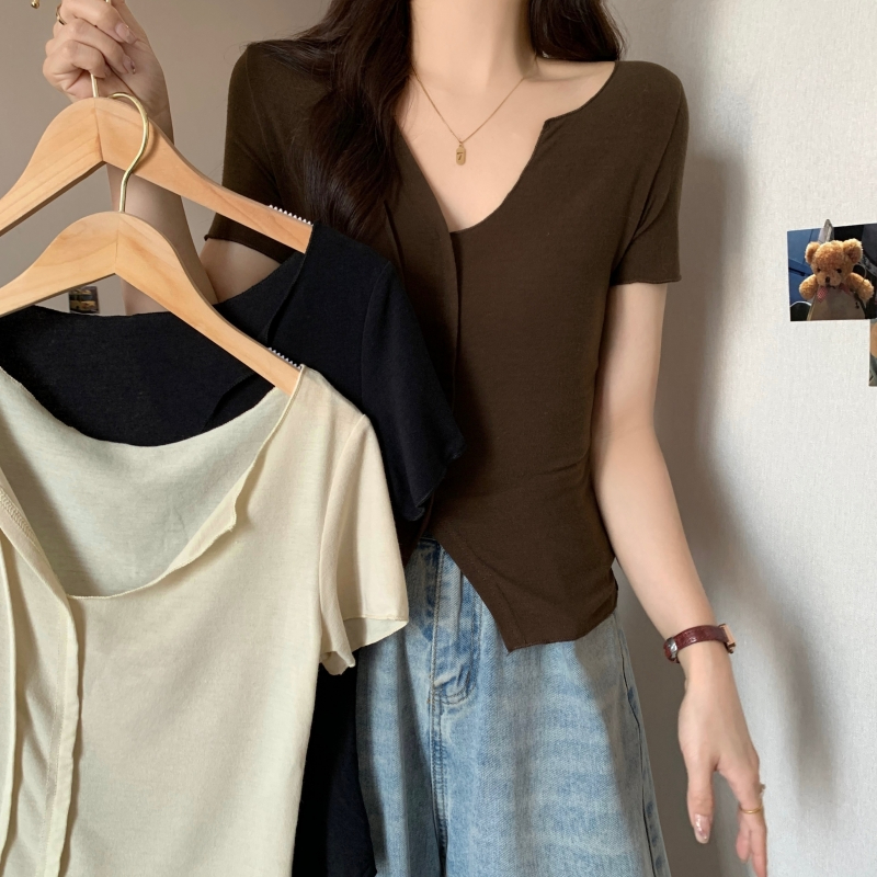 Real shot 40 count pure cotton 2024 summer design niche short-sleeved T-shirt women's elastic slim top