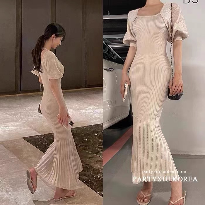 Gentle chic temperament puff sleeve knitted dress women's new summer new slim and elegant hollow long skirt