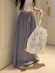 Real shot ~ Casual plaid drawstring elastic waist midi skirt floor-length skirt