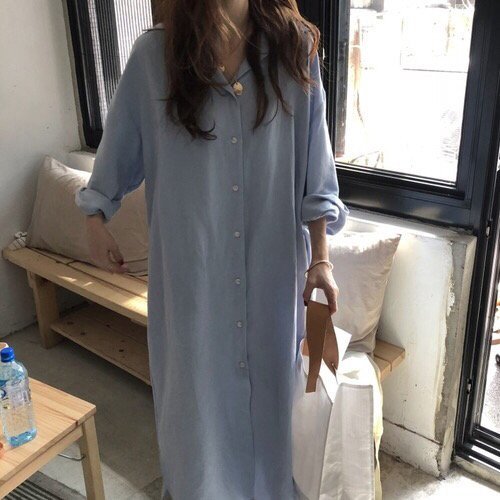 Korean light, elegant, lazy style, super long shirt style long dress, cotton and linen sun protection clothing, simple over the knee