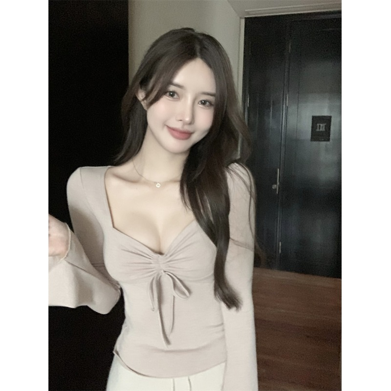 Pure lust style lace-up square collar slim top 2024 autumn new design long-sleeved inner bottoming shirt T-shirt for women