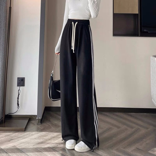 Gray wide-leg pants for women 2024 spring and summer new casual striped drawstring sweatpants, Xiaohongshu