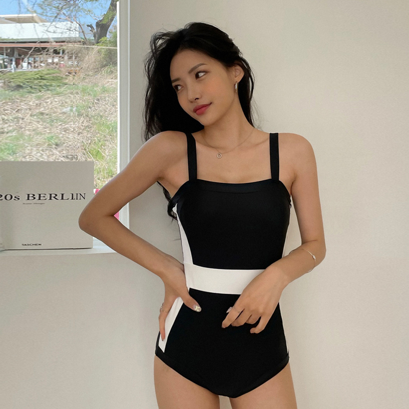nis style new swimwear sexy open back covering belly slimming black and white color matching simple fashionable one-piece swimsuit for women