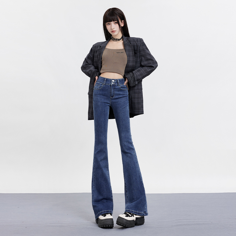 實拍preppy look辣妹低腰喇叭褲拖地褲修身顯瘦小個子牛仔褲女