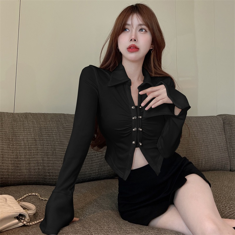 Sexy Hot Girl Short Bell Sleeve Shirt Women's Autumn Pure Sexy Hot Girl High Waist Design Niche Chic Top
