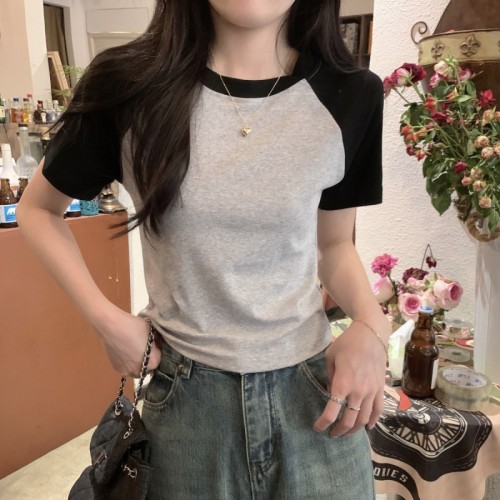 Actual shot of spring and summer Korean style versatile contrasting color slimming raglan pure cotton short-sleeved T-shirt for women