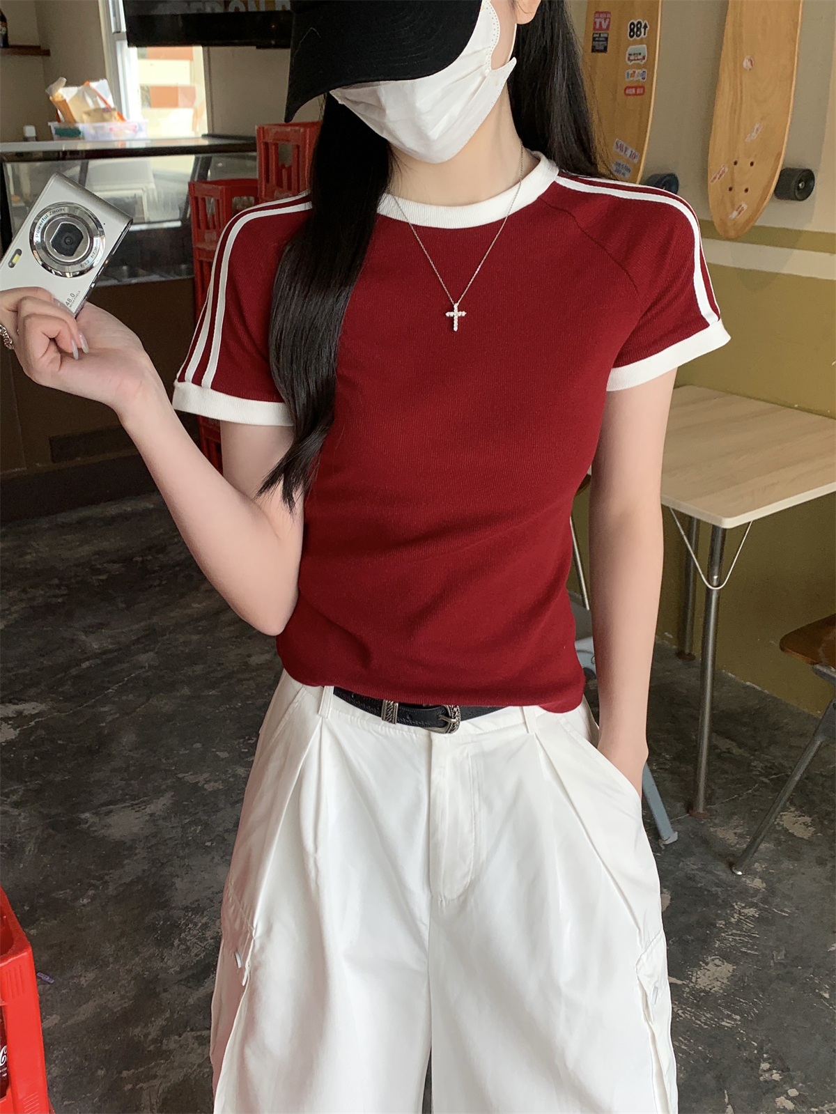 實拍 2024春夏韓版插肩槓條設計感百搭純棉短袖上衣T恤女