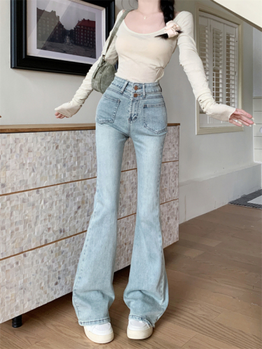 Actual shot ~ American retro slim-fitting high-waisted light-colored micro-flare jeans