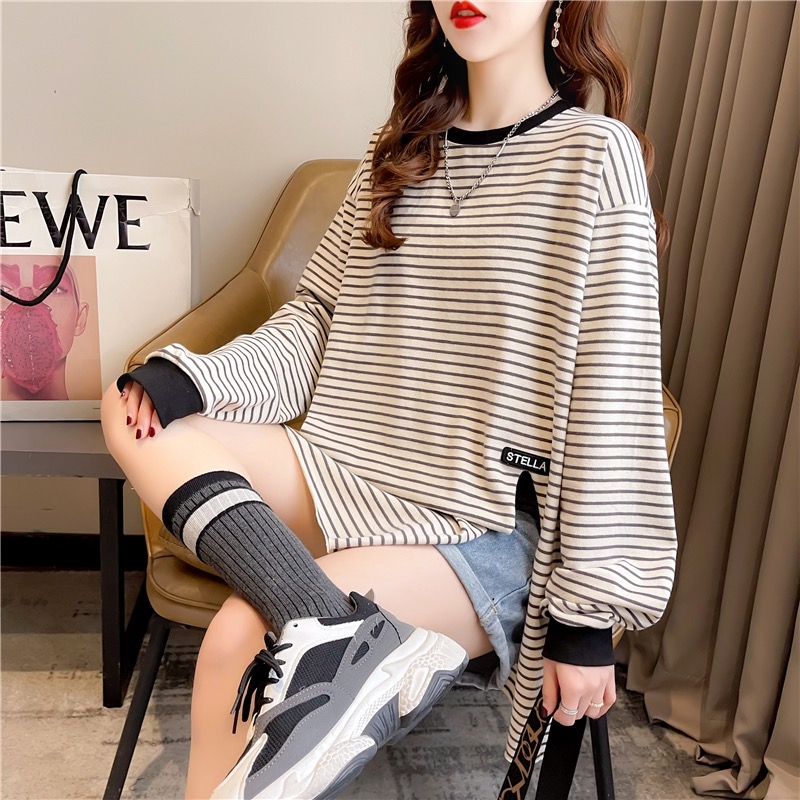 Actual shot 2024 spring Korean style round neck striped print loose large size women's thin spliced ​​long-sleeved T-shirt for women