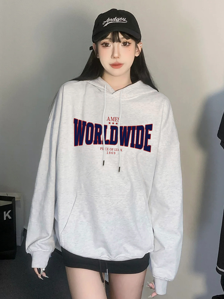 官圖華棉複合薄款310克/加絨410克秋冬裝衛衣女印花