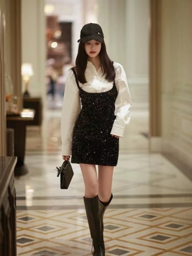 Forevercan women's autumn and winter new style light luxury design and elegant lady style versatile suspender dress