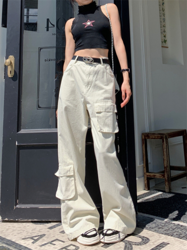 Real shot of American-style work pants for women, high-waisted, wide-legged, loose, multi-pocket, versatile straight-leg trousers
