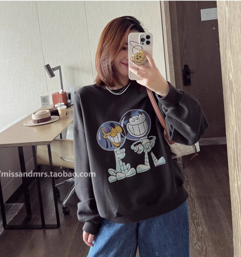 Official photo Chinese cotton composite thin 310g/plus velvet 410g autumn and winter sweatshirt for women with printed loose large size