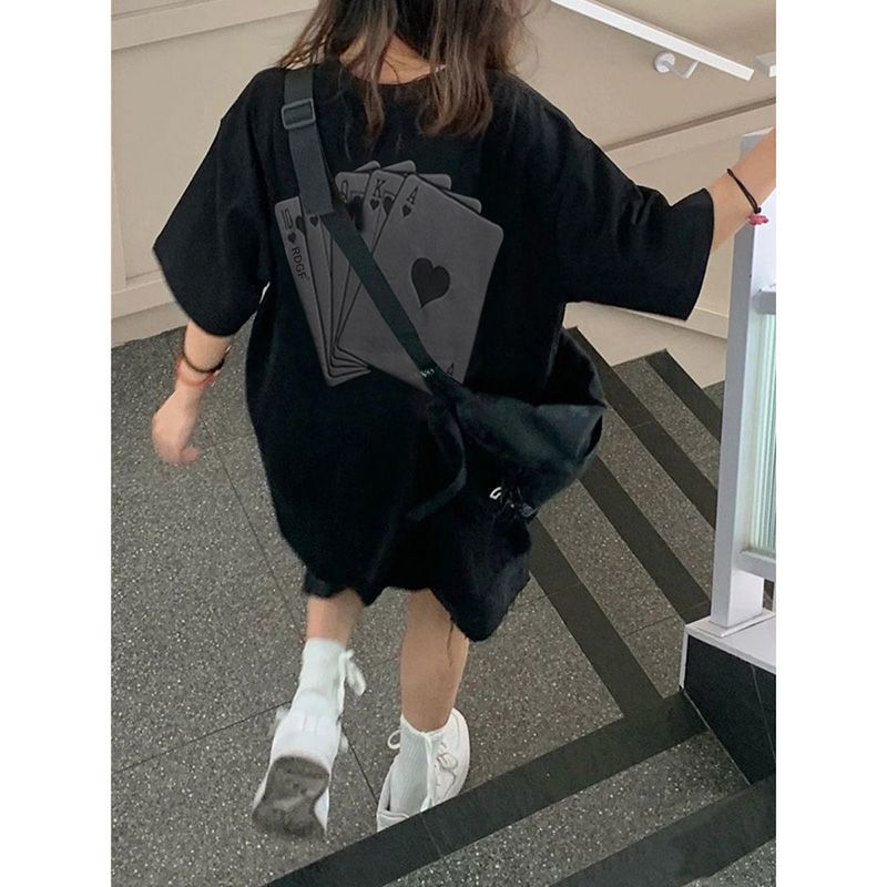 Black American retro letter short-sleeved T-shirt for women summer European and American trendy brand loose and slim shoulder top ins