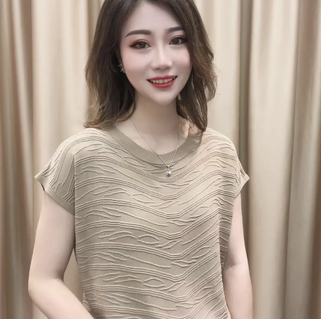 宋姑娘優選夏季新款立體波浪時尚休閒寬鬆冰絲短袖針織衫